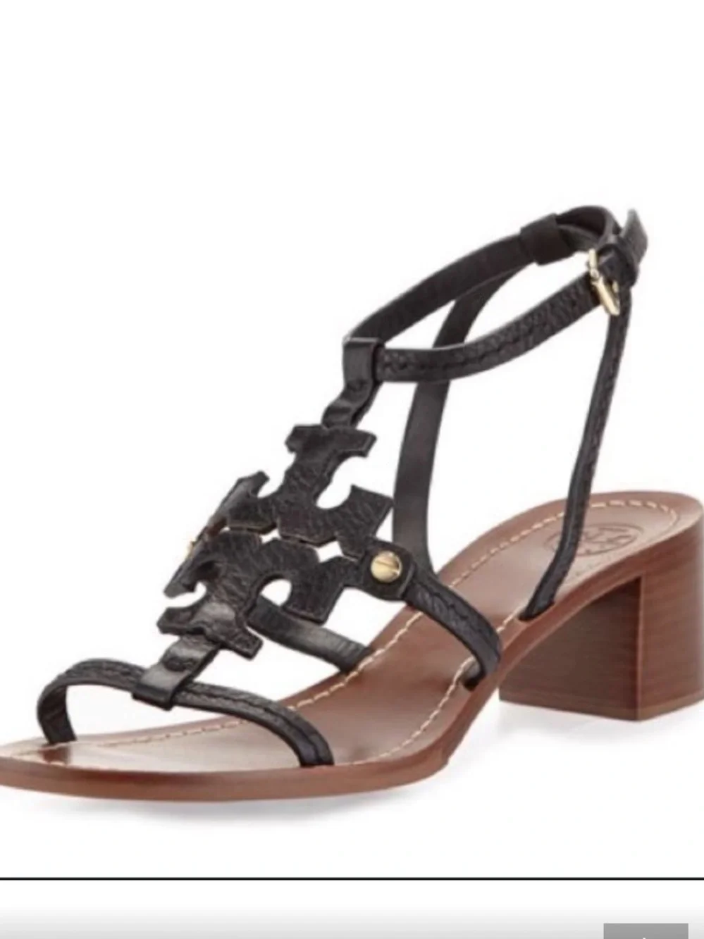 Tory Burch Black Leather T-Strap Phoebe Logo sandal Block Heel Sandals size 10